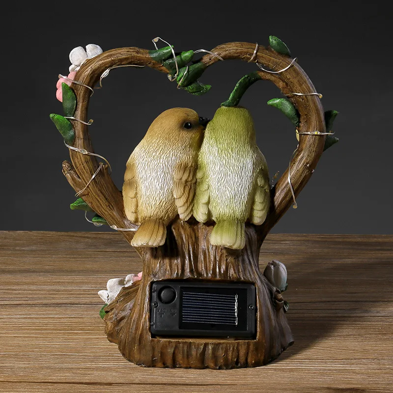 Creative garden solar night light heart-shaped simulation couple bird resin statue balcony yard layout outdoor decor ornaments