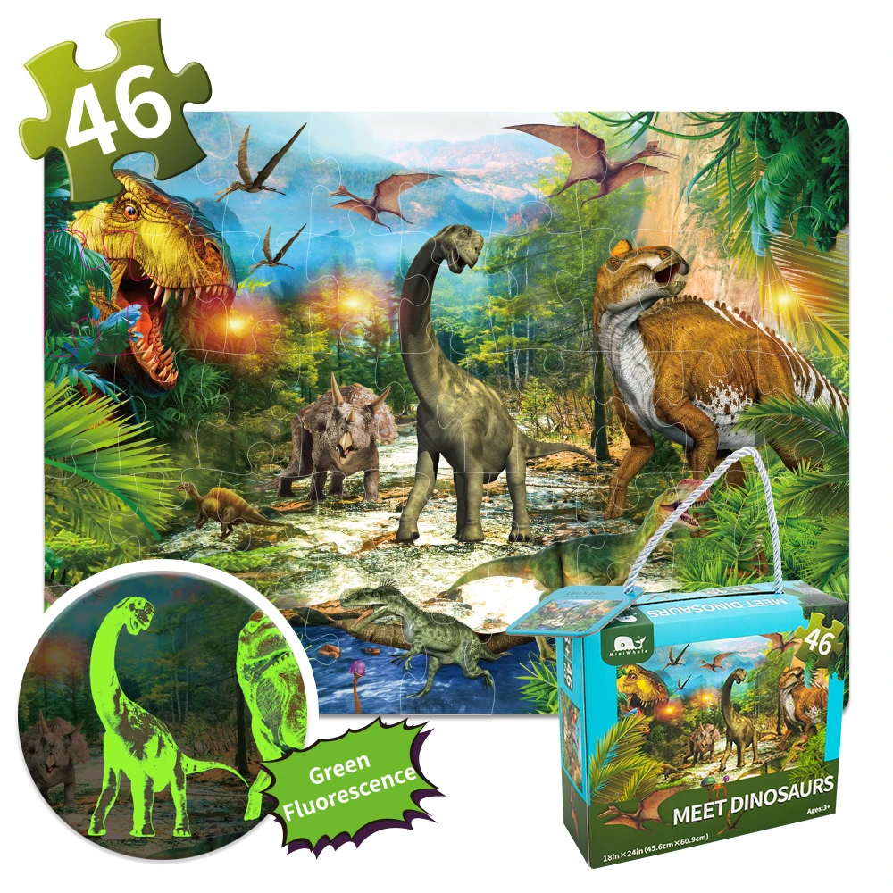 Miniwhale 46pcs dinosaur 2022 kids toys educational puzzle luminous dinosaur jigsaw puzzles for kids children