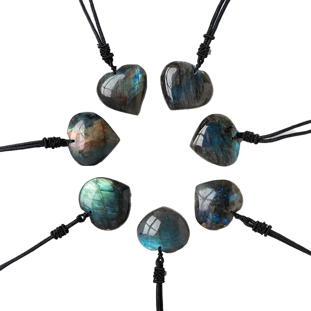 wholesale natural crystal labradorite heart shaped rough polished pendant love stone necklace crafts stone