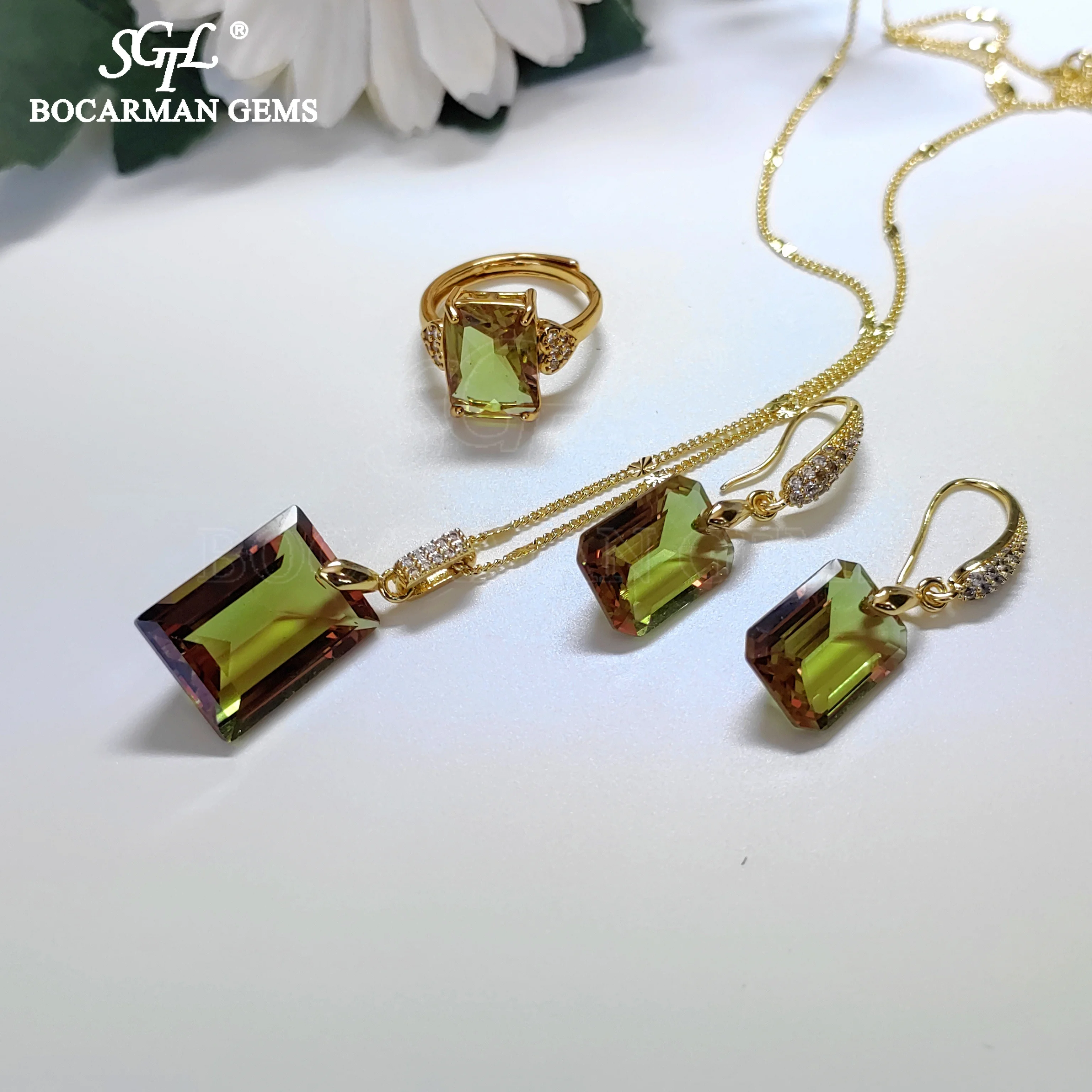 Bocarman new Turkish color changing sultanite earrings Ring Pendant three-piece set of jewelry bride, party accessories