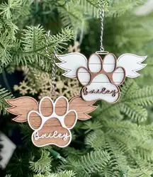 Pet Memorial Ornament Paw with Wings Christmas Ornament Wooden Carving Decoration Monogram Decoration