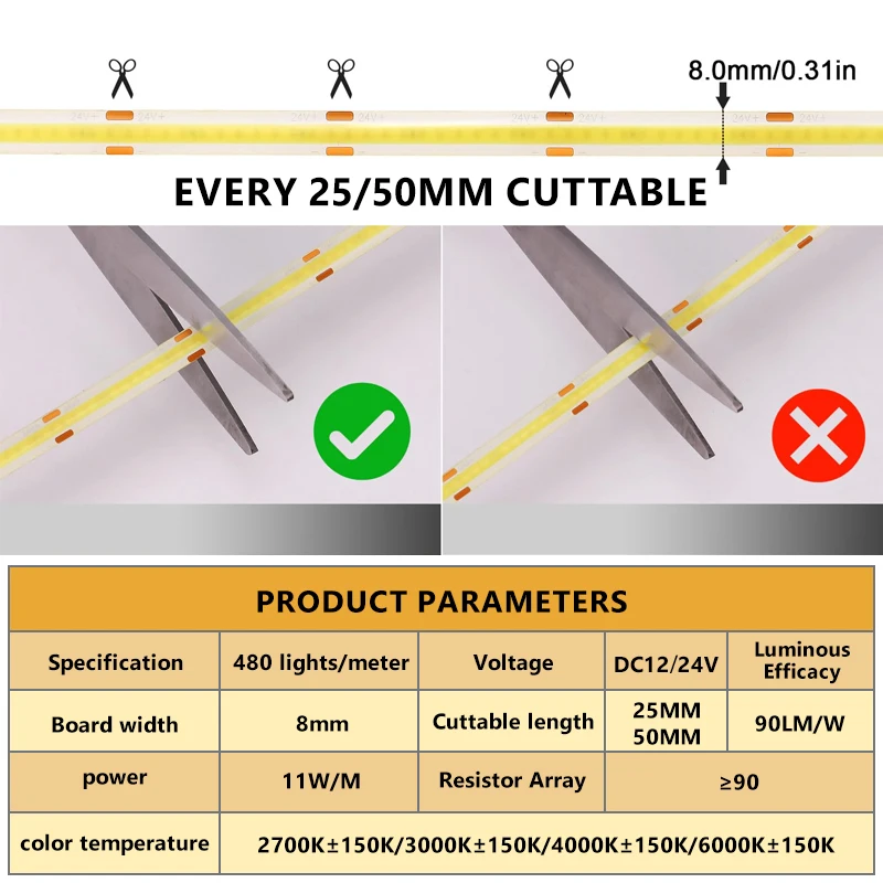 8 мм ультратонкая светодиодная лента 12 В белого цвета RA>90 Светодиодная высокого уровня гибкое соединение для приложения