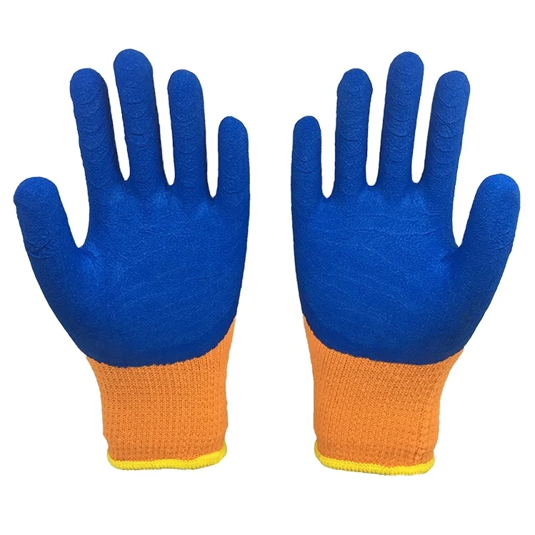China produce orange cotton knitted glove cut glove foam half blue latex coated Gloves
