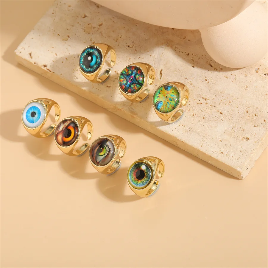 Wholesale 2024 Custom Trendy Neo Gothic Flat Top Enamel Cambered Inlay Demon Eye Finger Rings For Unisex Style