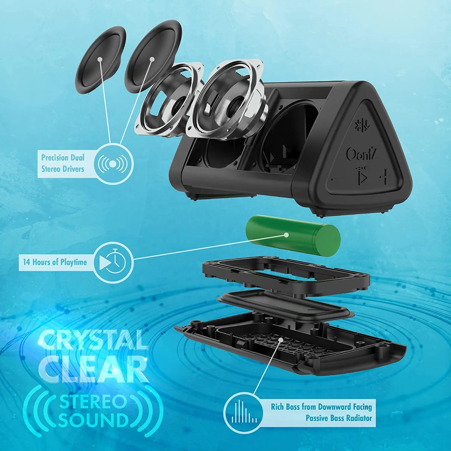 Angle 3 BT Portable Speaker Louder Volume Crystal Clear Stereo Sound Rich Bass 100 Foot Wireless Range Microphone