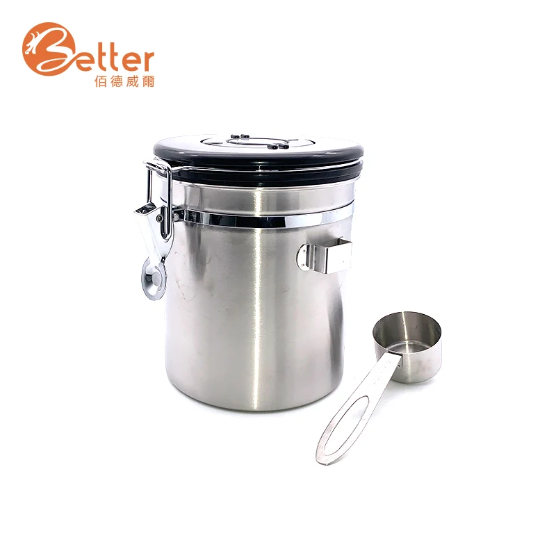 Airtight Metal Stainless Steel Kitchen Container Tea Sugar Coffee Bean Storage Canister Set with Scoop CO2 Valve Lid