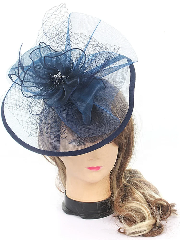 Модная Женская шляпка для вечеринки, свадебные вуалетки, цветочные, темно-синие перья, Вуалетка, повязка на голову
