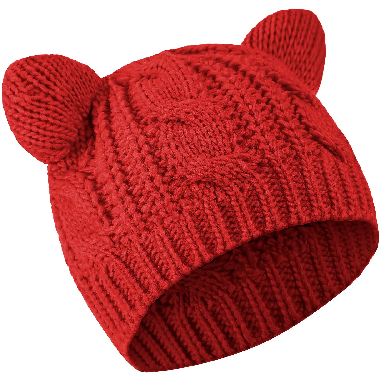 Unisex Custom Cute Cat Ears Beanies Hat Winter Knit Cable Slouchy Hat for Women Girls Teens Made from Cotton Acrylic