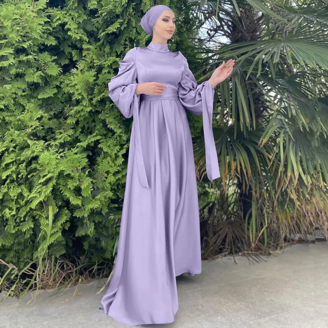 Solid Color Islamic clothing Ramadan Dubai Elegant Muslim Dress Satin Long Maxi Dress Evening Dress Gowns For Women