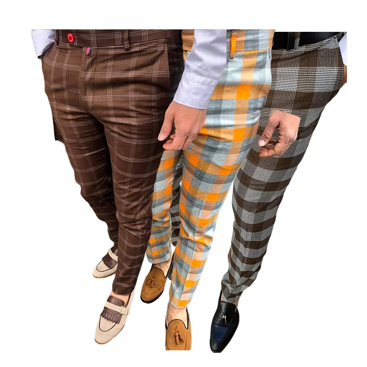 Summer Casual Pants Multi Color Straight Trousers Slim Fit Men Plaid Dress Pants Skinny Pants for Men