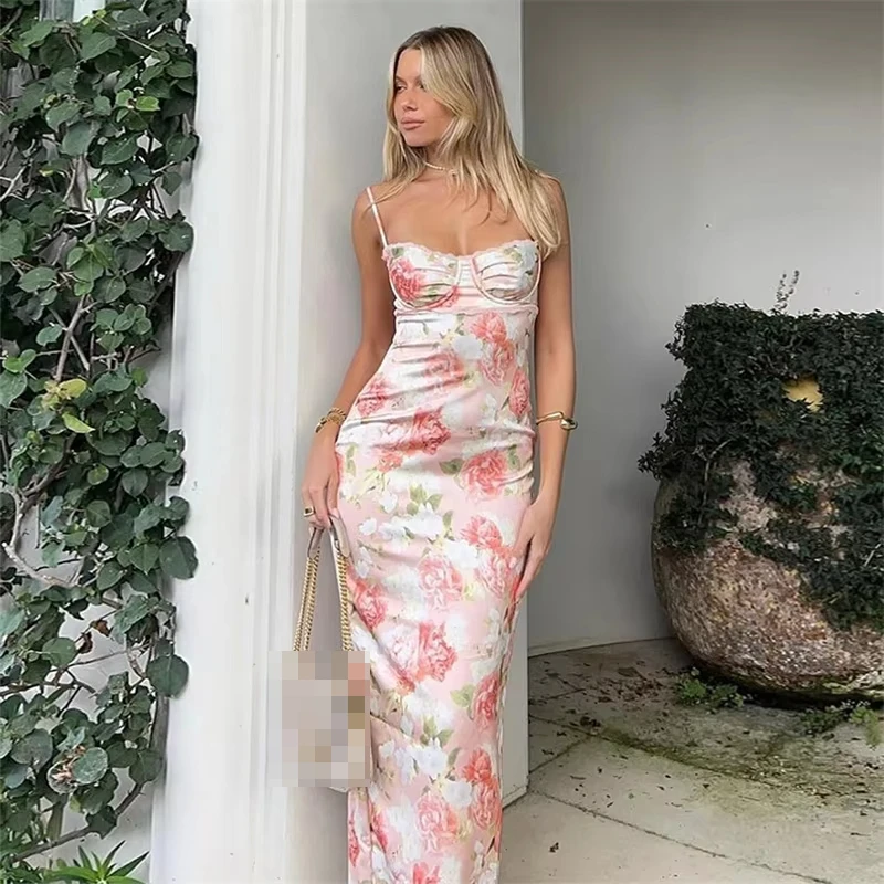 High Quality Elegant Vintage Long Dress Floral Printed Open Back V Neck Split New Fashion Sexy Evening Party Banquet Dress Bag