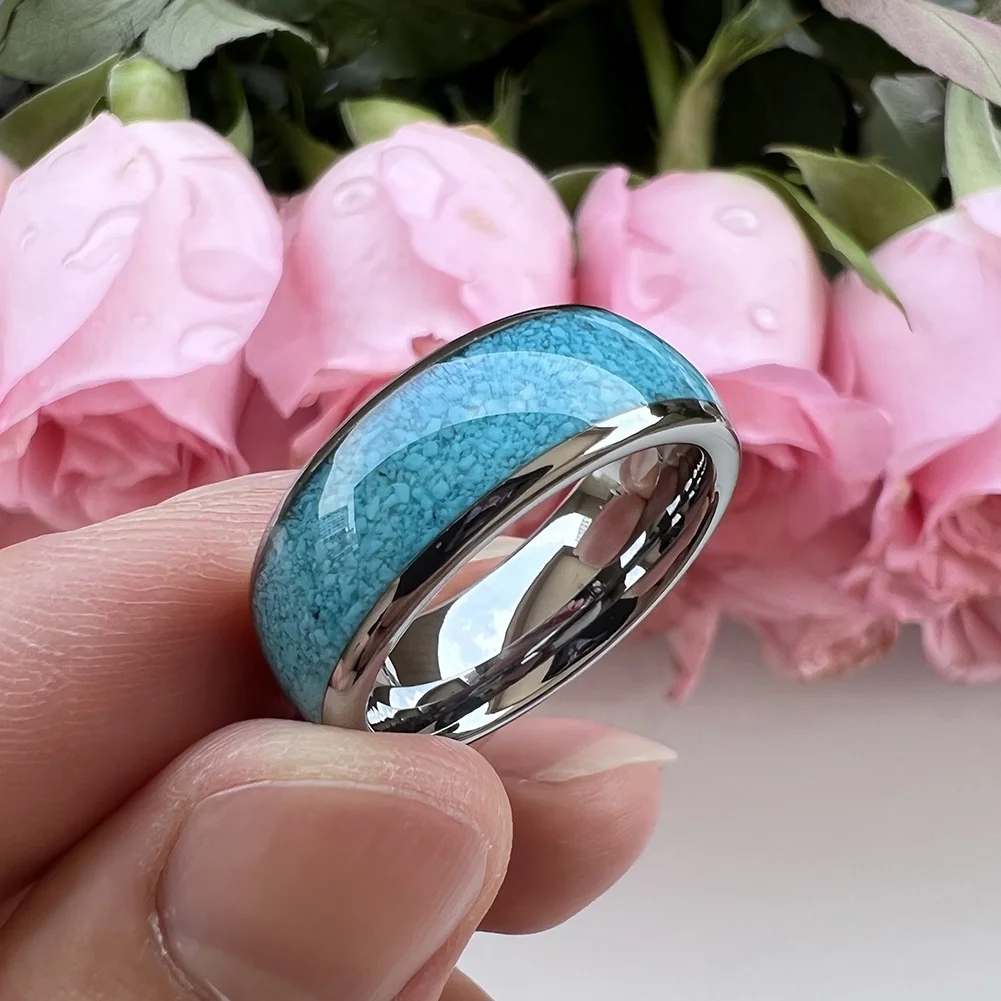 Coolstyle Jewelry Wholesale 8mm Tungsten Ring for Men Women Crushed Turquoise Inlay Fashion Jewelry Engagement Wedding Band