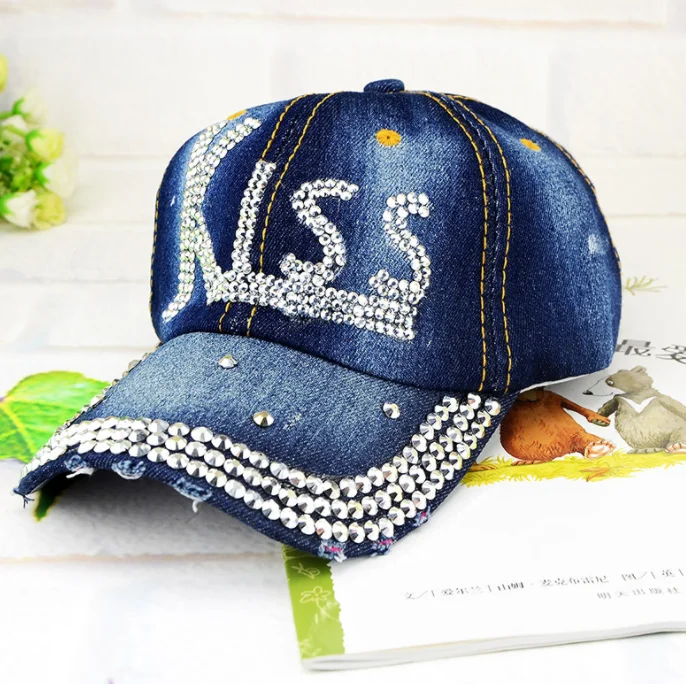 Women Distressed Denim Baseball Cap Rhinestone Jeans Bejeweled Crown Sparkle Bling Hat
