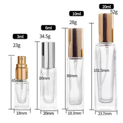 free samplemini 3 6 10 20 ml empty square refillable clear perfume gold silver mist spray glass bottles 10ml 20ml with screw cap