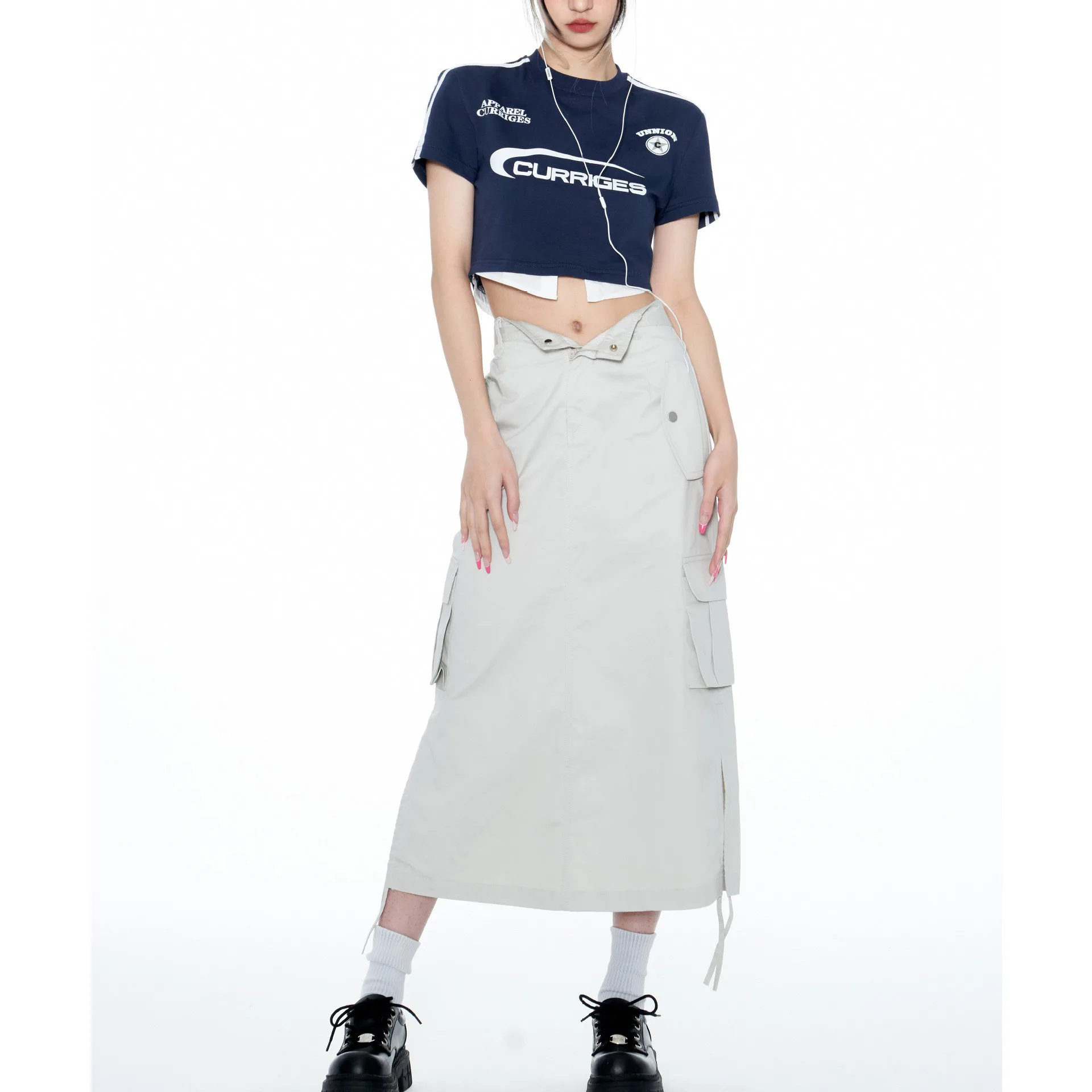 wholesale sweet cool hot girl  mid-length retro skirt beige gray American bela style straight vintage slit cargo skirt women