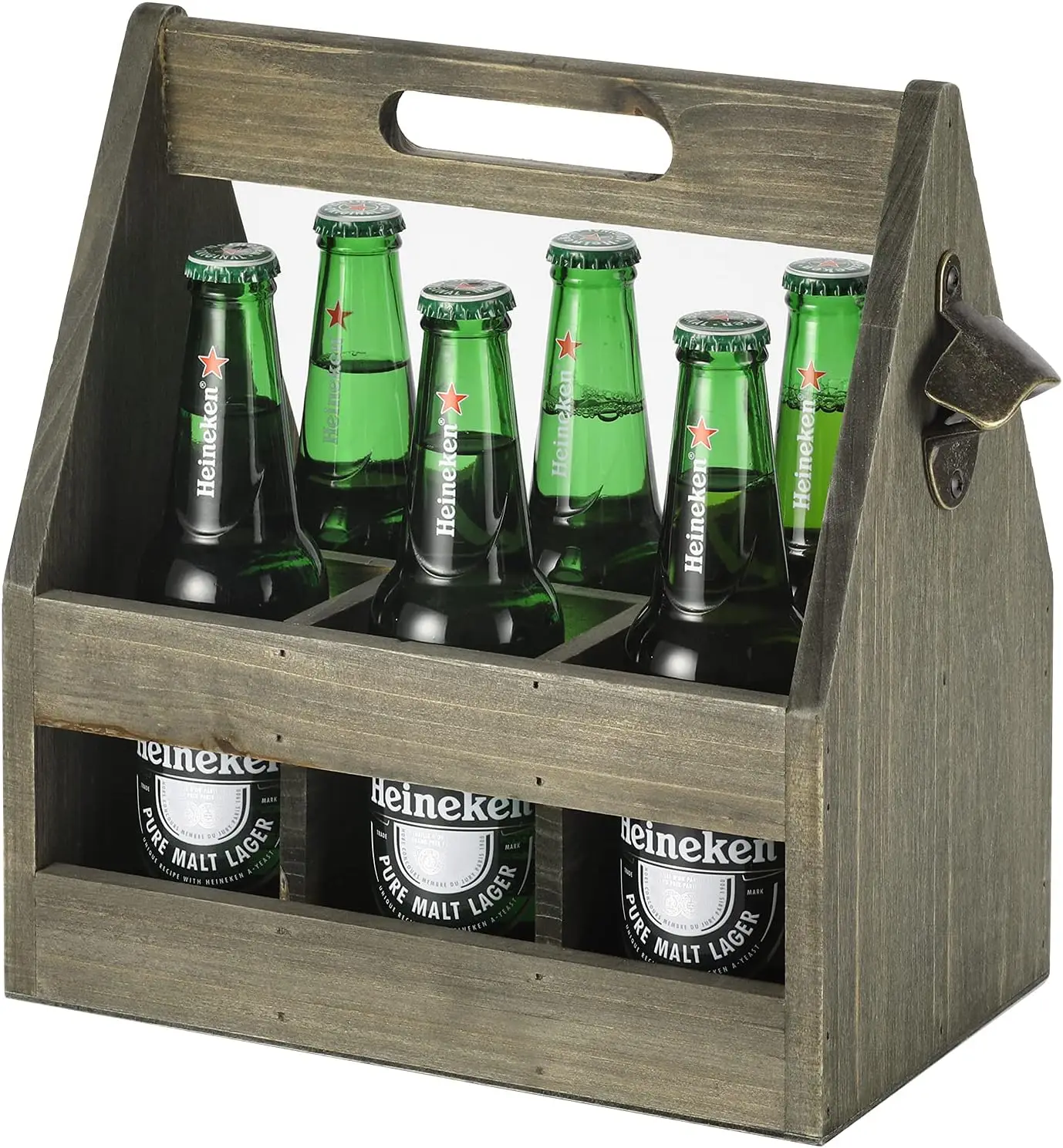 Rustic Gray Wood Beer Bottle Holder 6 Pack Carrier Drink Caddy with Antique Brass Opener and Top Handle