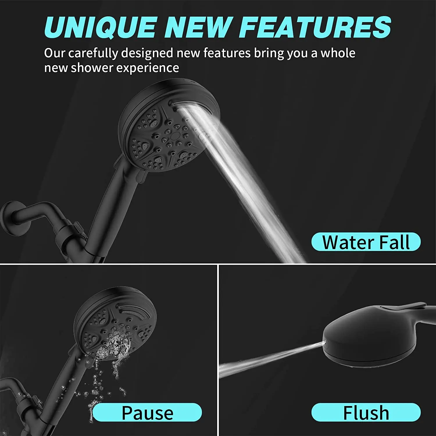 9 Spray Hand Shower with Automatic Power Jet Wash Modes High Pressure 9 Function Settings Black Handheld Shower Heads