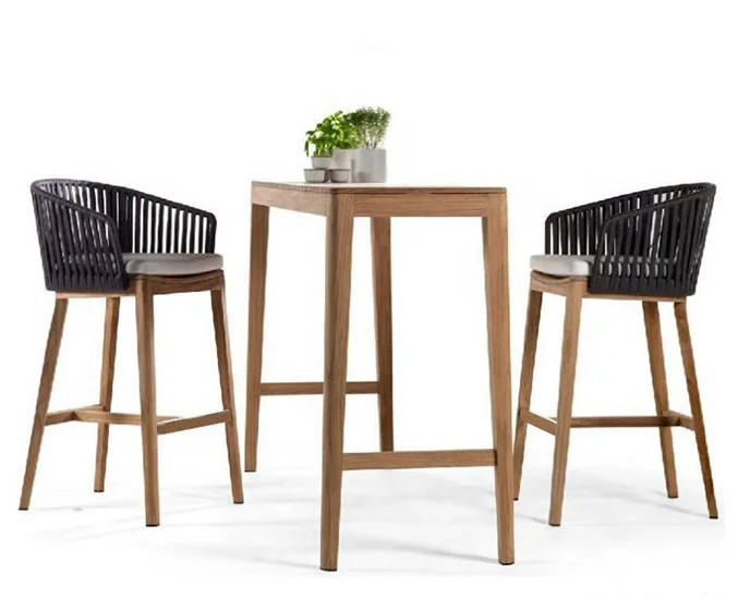 KINGBLOOD Contemporary outdoor high bar chair solid ash wood rope PE rattan bar stool for garden patio