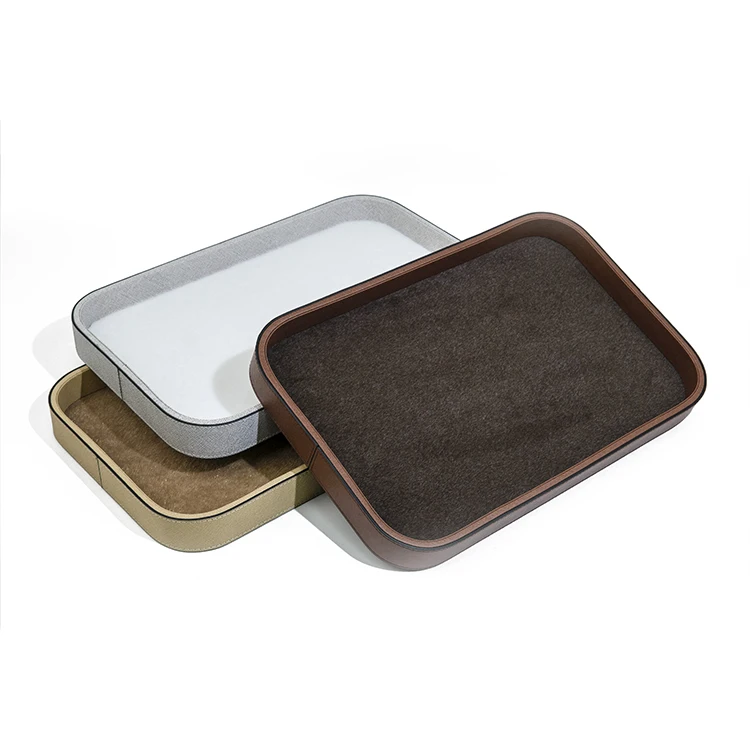 Wood Serving  Tray Home Decorative Wooden Rectangle Ottoman Leather Decor Platter Bathroom Vanity Tray With SABER Certificate