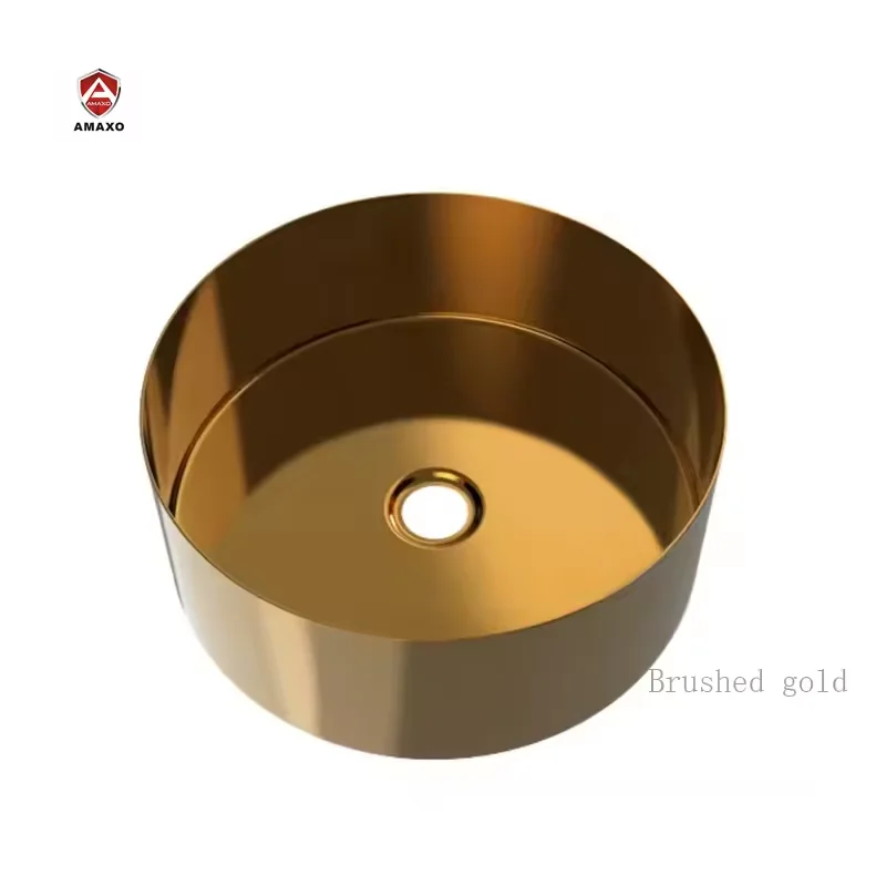 AMAXO Round SS Wash Basin Stainless Steel Gold Hotel Apartment  Bathroom  Counter Top Basin Sinks