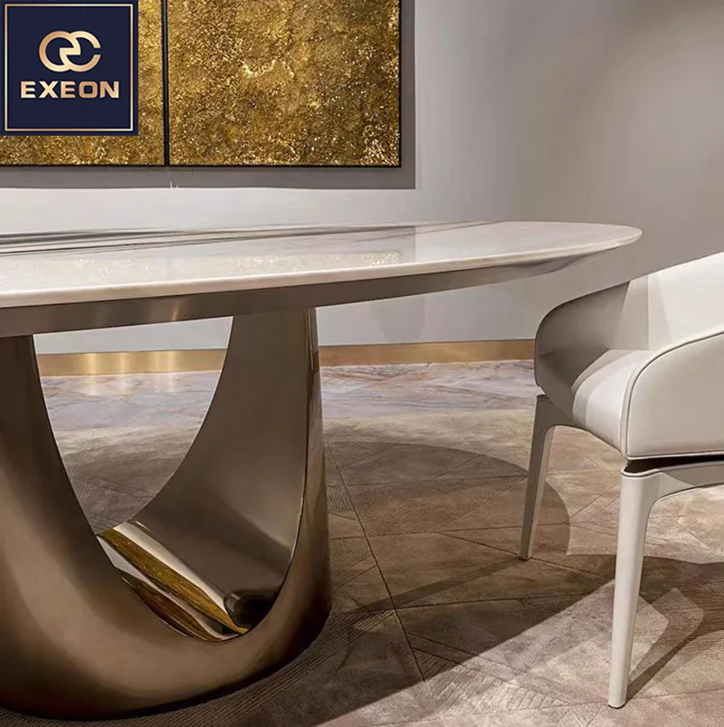 Modern Long Ellipse Oval Home Furniture Dining Room Hotel Villa Stainless Steel Marble Design Metal Dining Table Set