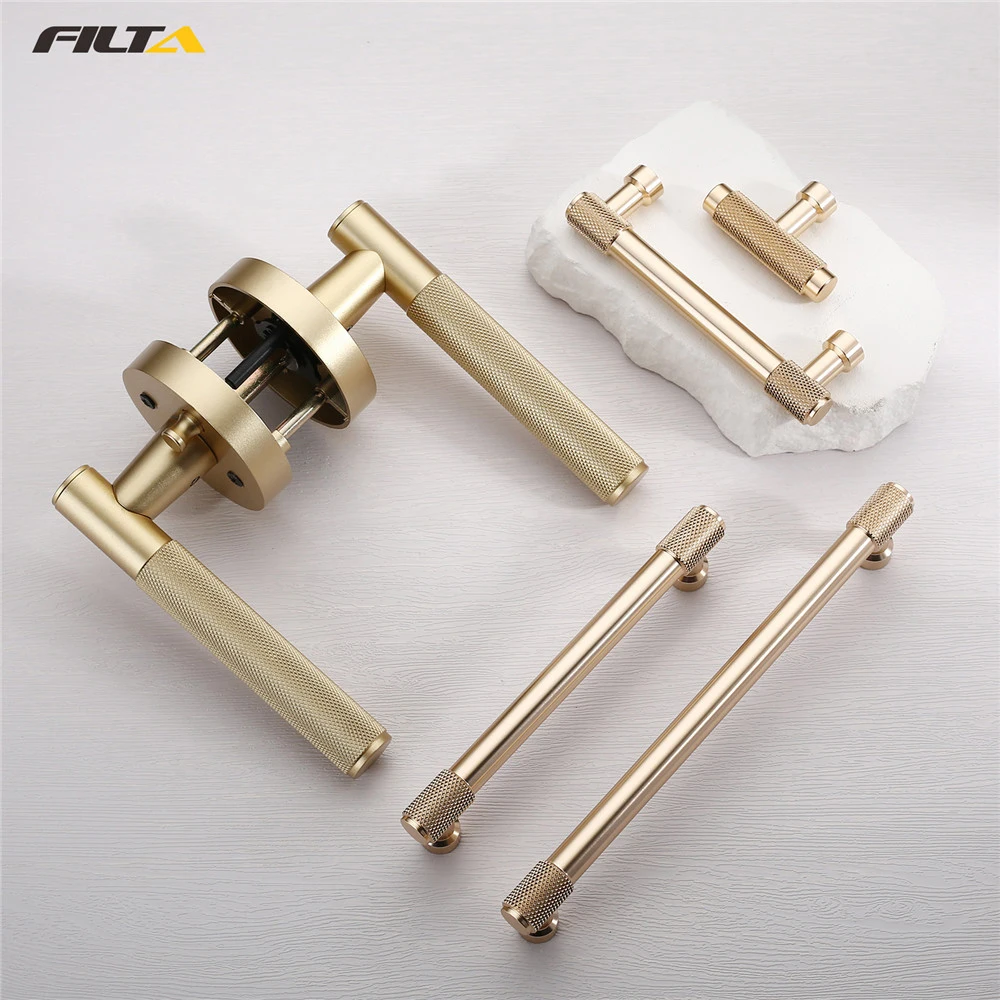 Filta Modern Aluminum Knurled Door Lockset Handle Gold Cabinet Handle For Kitchen Cabinets Pull