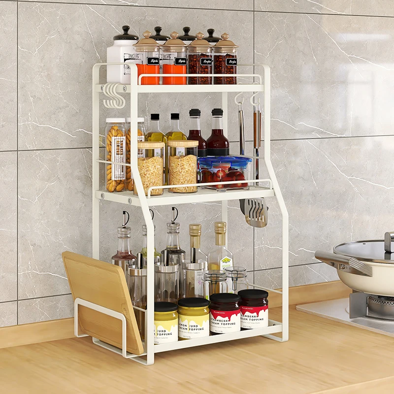 Three-Tiered Metal Countertop Spice Rack Standing Home Kitchen Soy Sauce Condiments Storage Holder