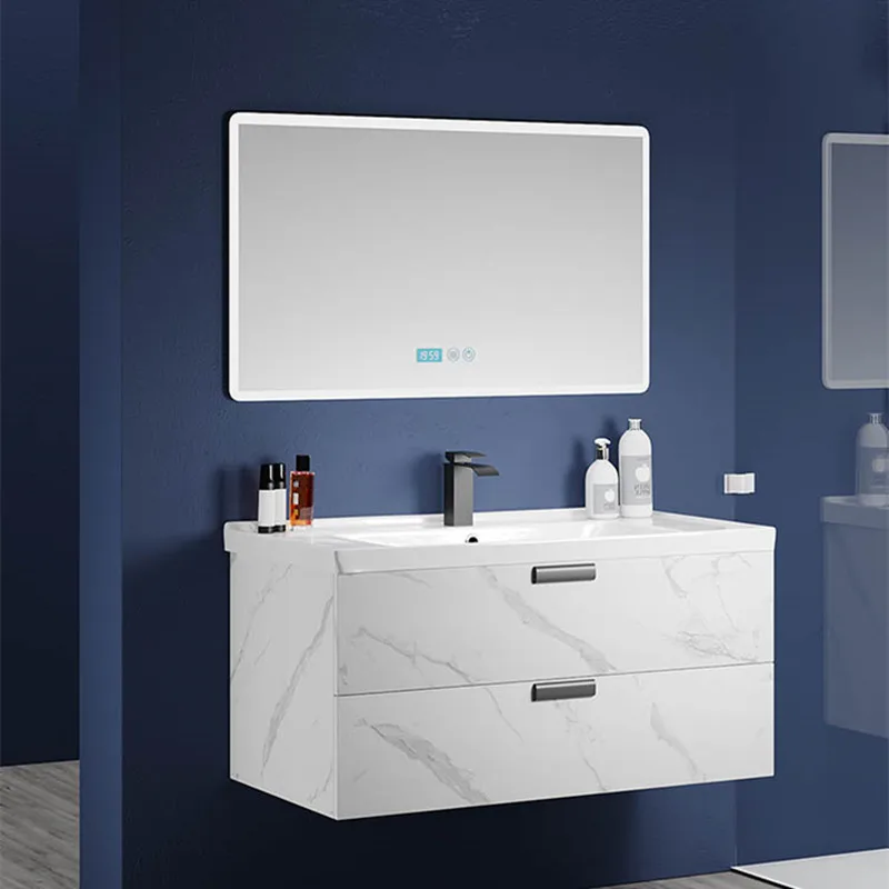 Hotel Lavatory White Marble Pattern Wall Mount Bathroom Vanity Cabinet