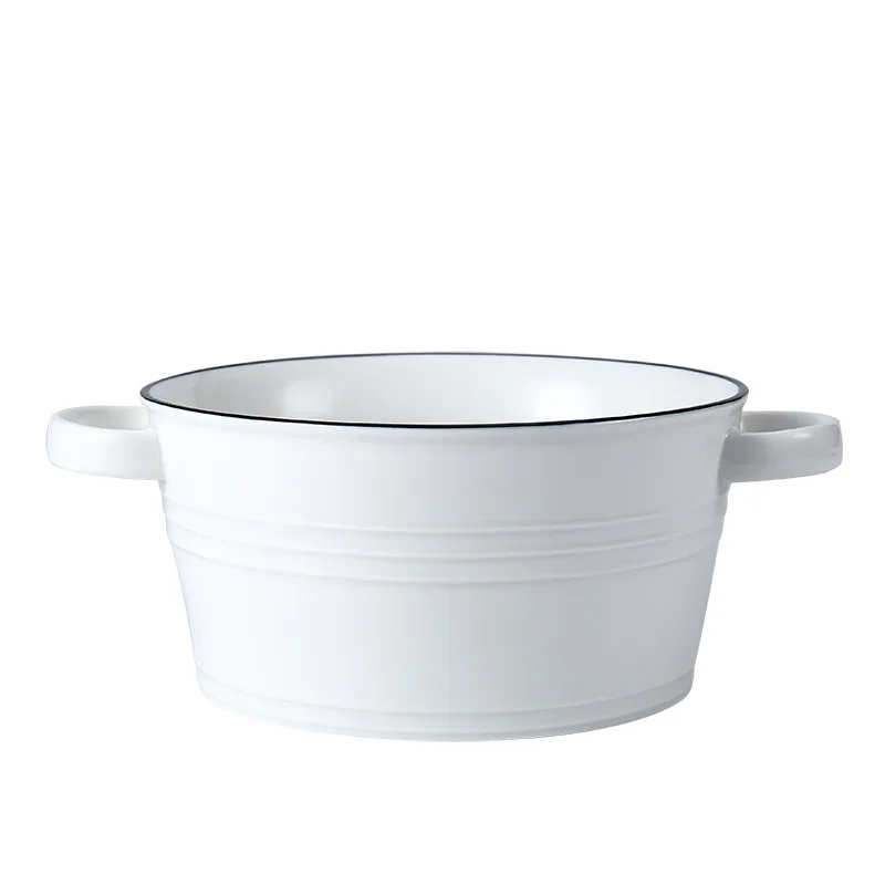 Nordic ceramic two-ear bowl simple black edge tableware household soup noodle bowl baking utensils wholesale custom