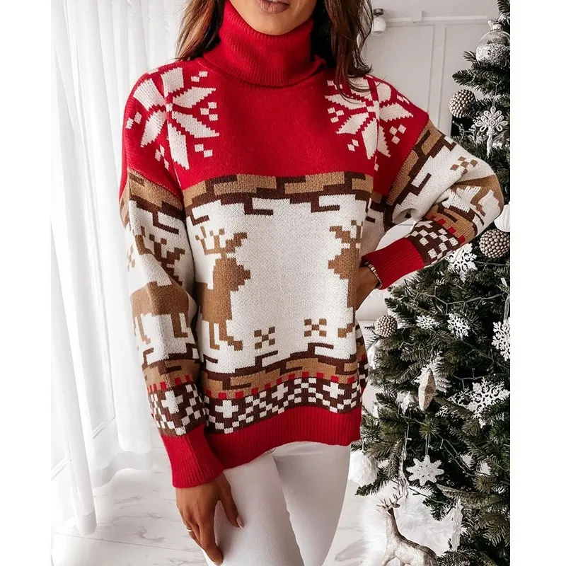 Оптовая продажа, Рождественский зимний свитер в европейском и американском стиле, Новый рождественский жаккардовый вязаный женский свитер с высоким воротником и оленем