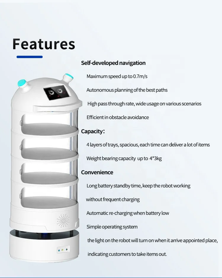 Long battery standby time three 3D cameras self navigation ensured optimal obstacle avoidance food delivery robot