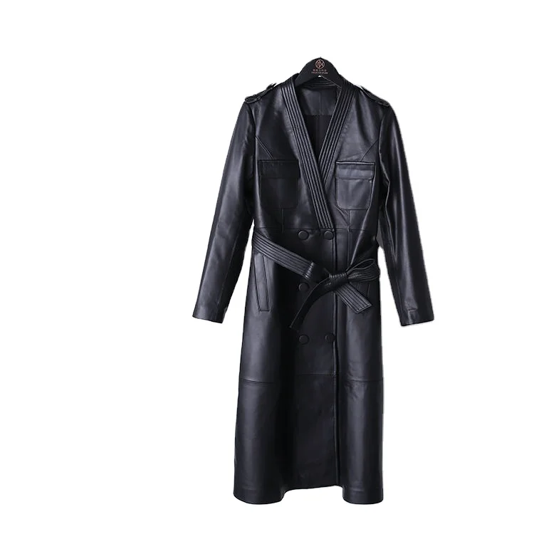 New fashion V-neck double-breasted belt strap trim genuine leather sheepskin long trench coat