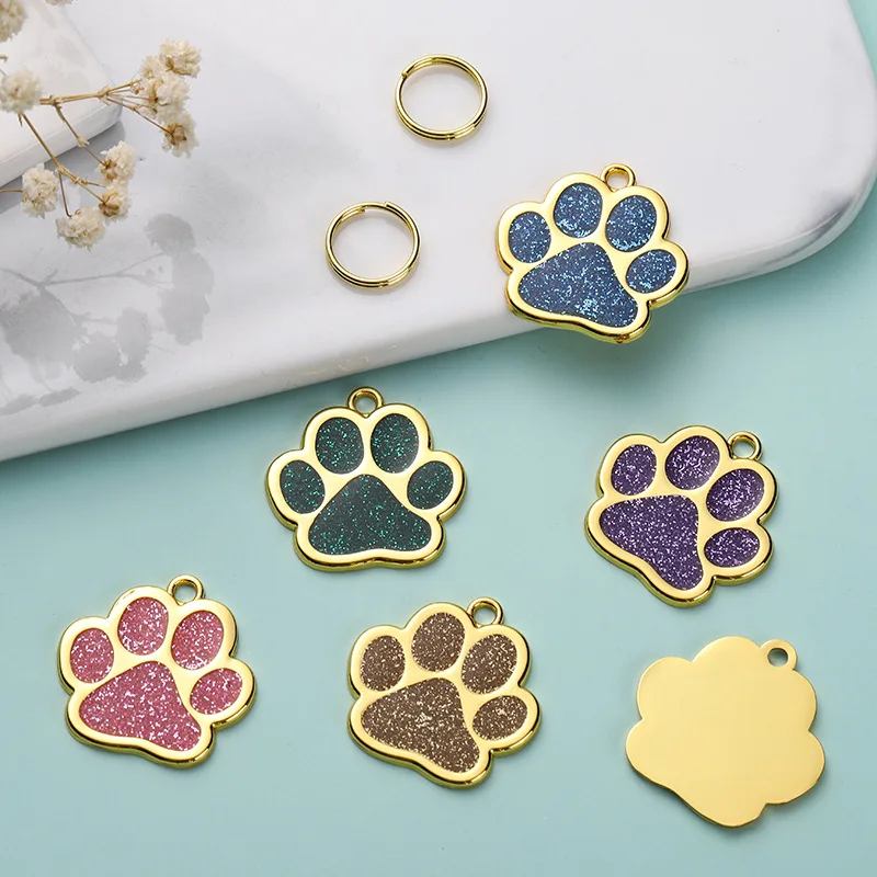 Pet Accessories Paw Glitter Tag Personalized Dog Cat Tags Engraved Pets ID Name Collar Tag Pendant