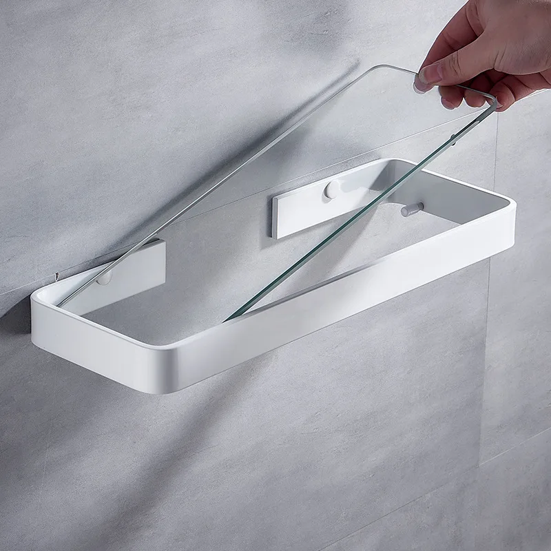 Bathroom Shelving Solution Rectangular Tempered Glass Bathroom Shelf Wall Mounted with Aluminum Frame Shower Storage Organizer