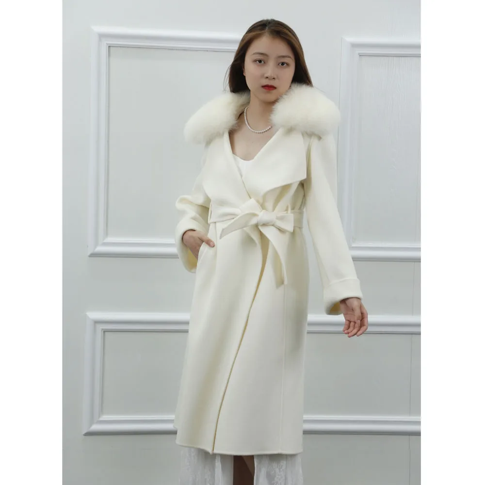 New Arrival 90% Wool 10% Cashmere Coat For Women With Fox Fur Collar