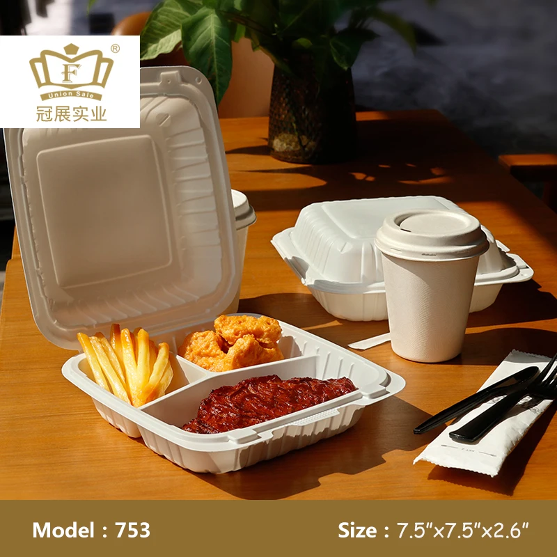 To go food container for restaurant hinged lid lunch box mineral filled pp with 3 compartments microwave food packaging