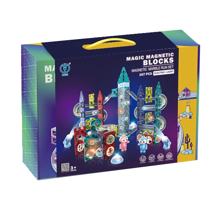 167 PCS Large Particle Magnetic Building Block Toy Electric Light Race Run Ball Marble Track Construction Set DIY Magic Blocks