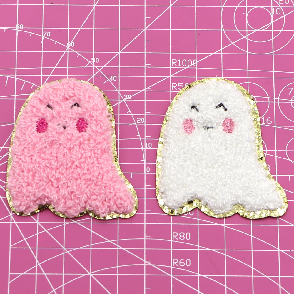 1PC Clothing Iron on Patches Chenille Ghost Embroidered Patches Gold Glitter Edge Iron on Embroidered Patches  Arts Crafts DIY