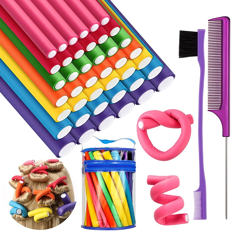 42pcs Flexible Curling Rods Set No Heat Foam Hair Rollers 7 Sizes Twist Flexi Rods Set with Comb and Edge Brush