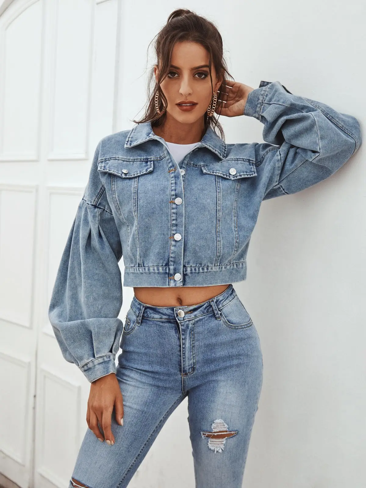 Ready made  puff sleeve denim jacket oversize denim jacket women fashion washed crop jean jacket wholesale