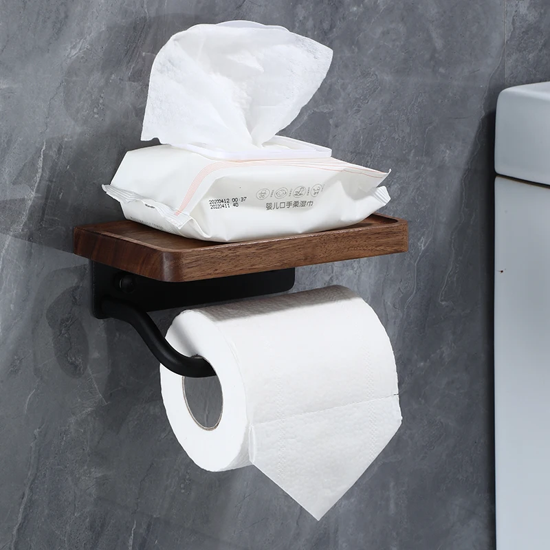 Self Adhesive Wood toilet paper holder with shelf toilet paper roll holder toilet roll paper holder