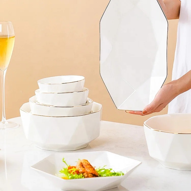 Simple nordic hexagonal ceramic  plates and bowls set luxury gold rim ceramic plates dinnerware sets