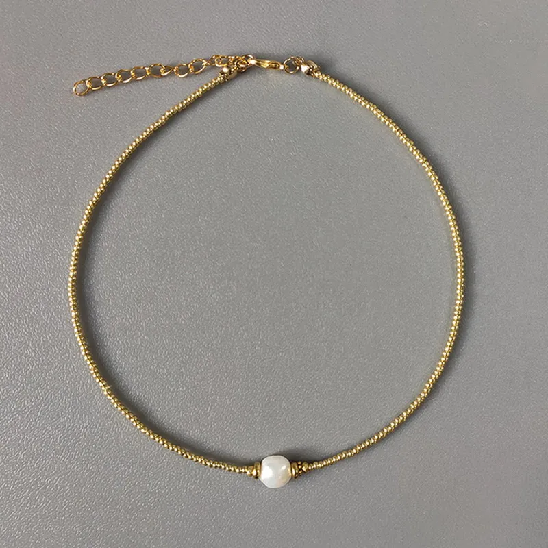 Zooying Handmade Gold-color Beads Natural Freshwater Pearl Pendant Necklace Women Vintage Charm Choker Stylish Simple Jewelry