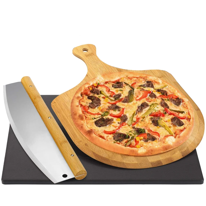 
Bamboo Pizza Peel Set with Black Ceramic Pizza Stone Pan & Pizza Cutter 