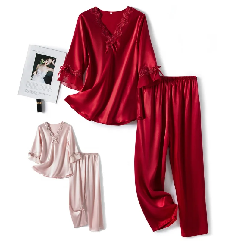 2024 Hot selling  Luxurious Silk Women Pajamas Set for Summer Night  Plain Color Satin Sleepwear For Women