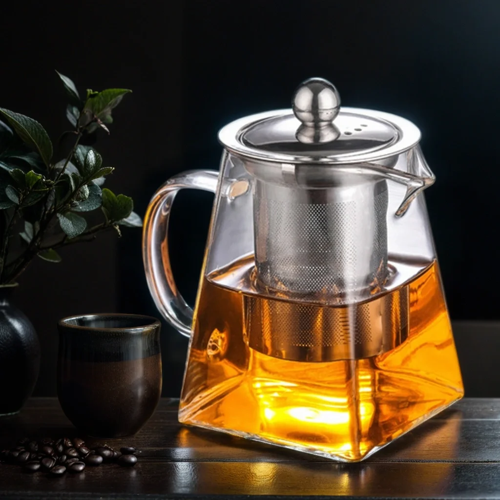 Transparent Heat Resistant Square Shape borosilicate Glass Teapot with Stainless Steel Infuser glass kettle with filter