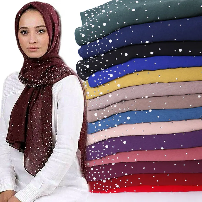 2020 Fashion Bubble chiffon beads hijab scarf diamond shawls muslim solid color scarves wraps headband scarves HW322