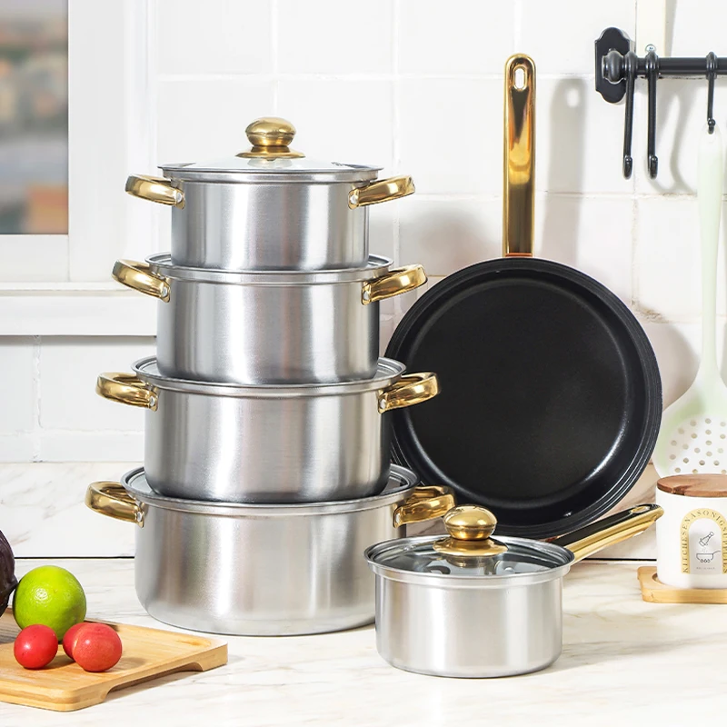 12Pcs Kitchen Pots And Pans Cast Iron Stainless Steel Soup Stock Pots Cooking Pot Set Frying Pan Non Stick Cookware Set