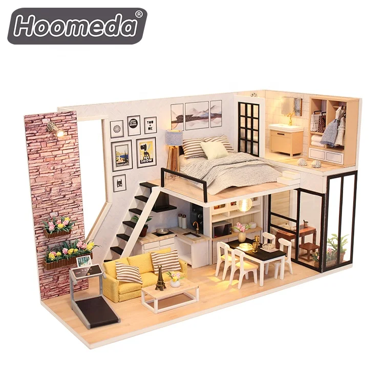New products loft style diy handwork assembly 2 floors wooden dollhouse 1 24 scale miniature dollhouse