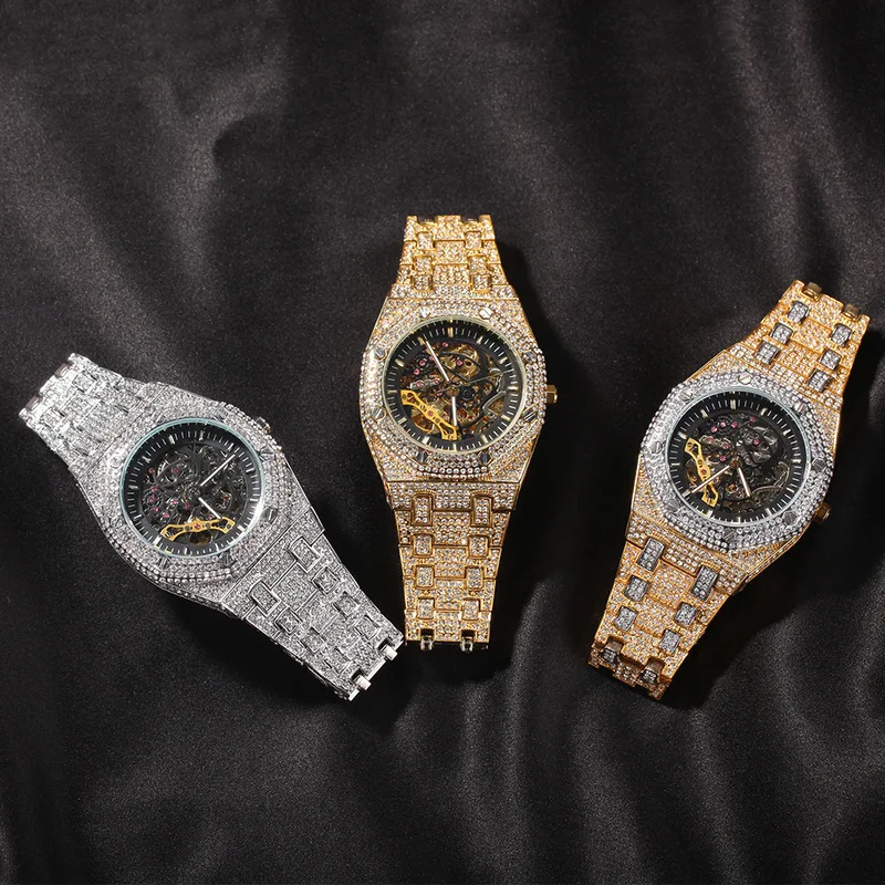 2022 New Arrival Hip Hop Mechanical Hollow Back Micro CZ Diamonds Paved Bling Luxury Men Watch For Christmas Cliche Gift